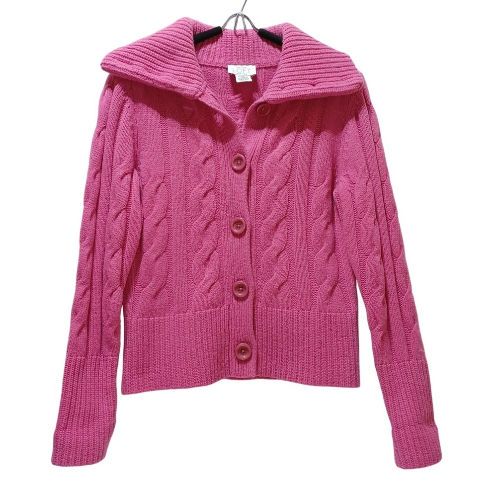 LOFT Womens SP Pink Lambswool Angora Cable Knit Shawl Cardigan Coquette